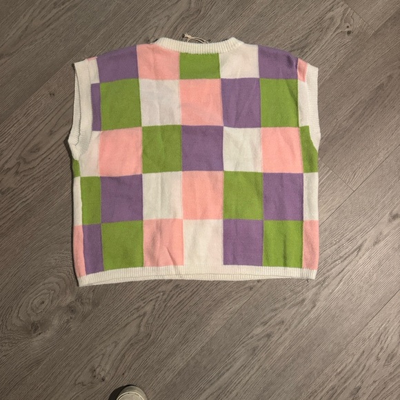 BIBI Women’s Pastel Checkerboard Flower Knit Vest - Multicolor - Picture 2 of 2